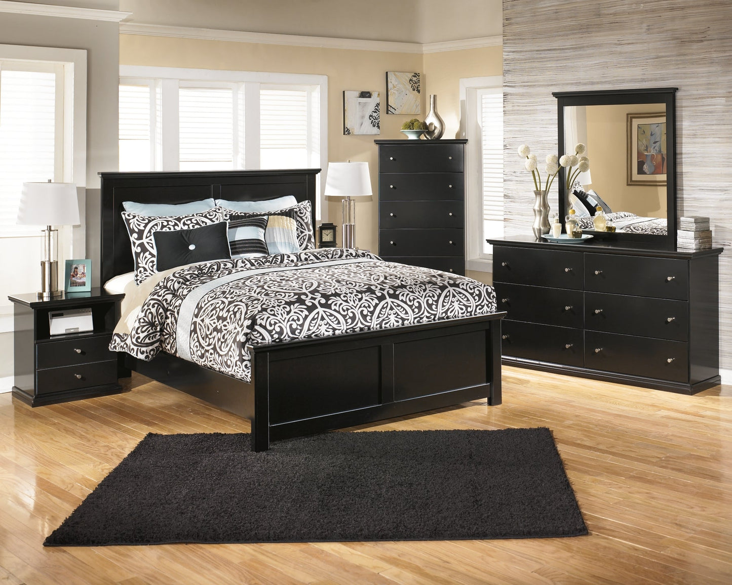 Maribel King Panel Bed with Mirrored Dresser, Chest and 2 Nightstands at Walker Mattress and Furniture Locations in Cedar Park and Belton TX.