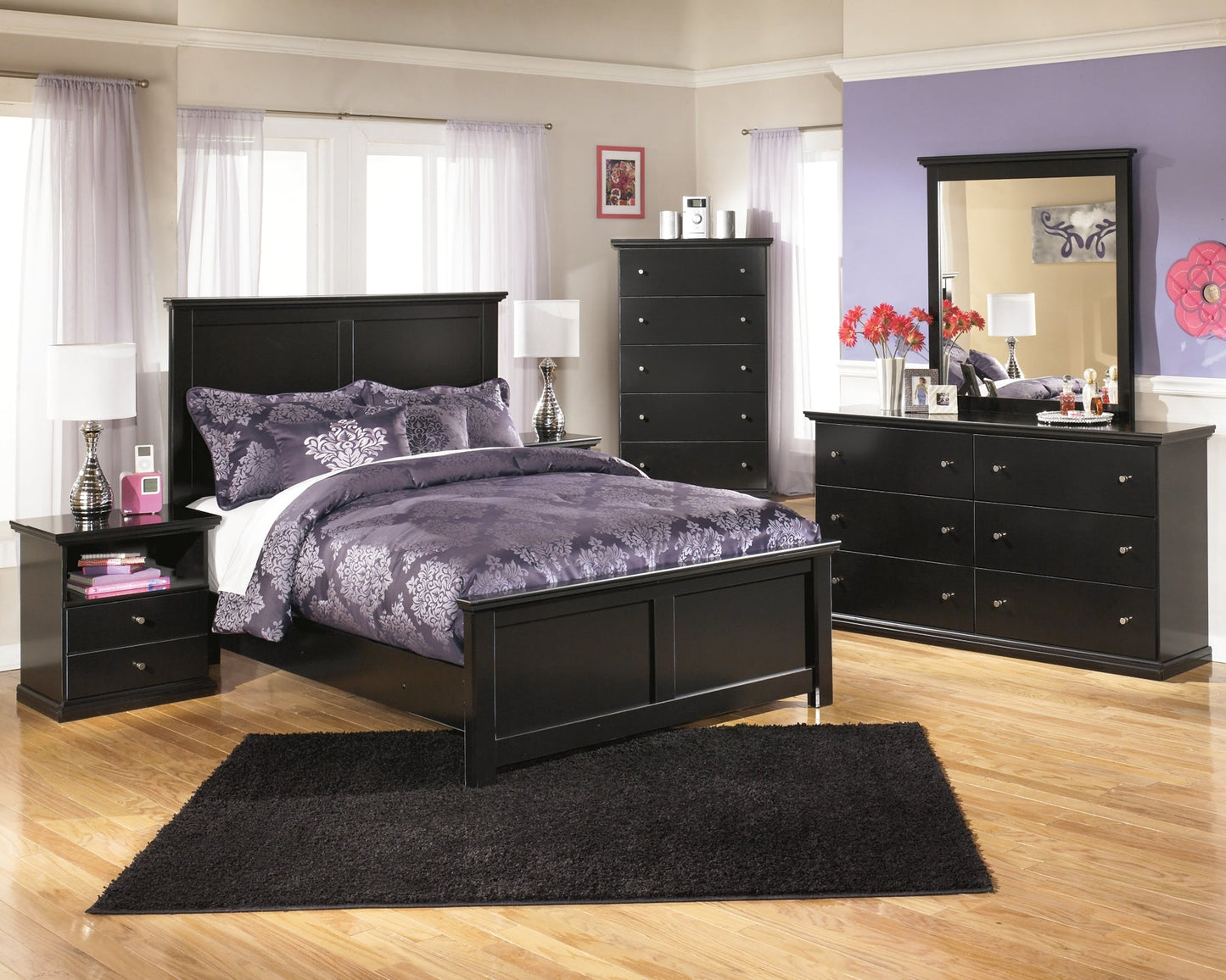 Maribel King Panel Bed with Mirrored Dresser and 2 Nightstands at Walker Mattress and Furniture Locations in Cedar Park and Belton TX.