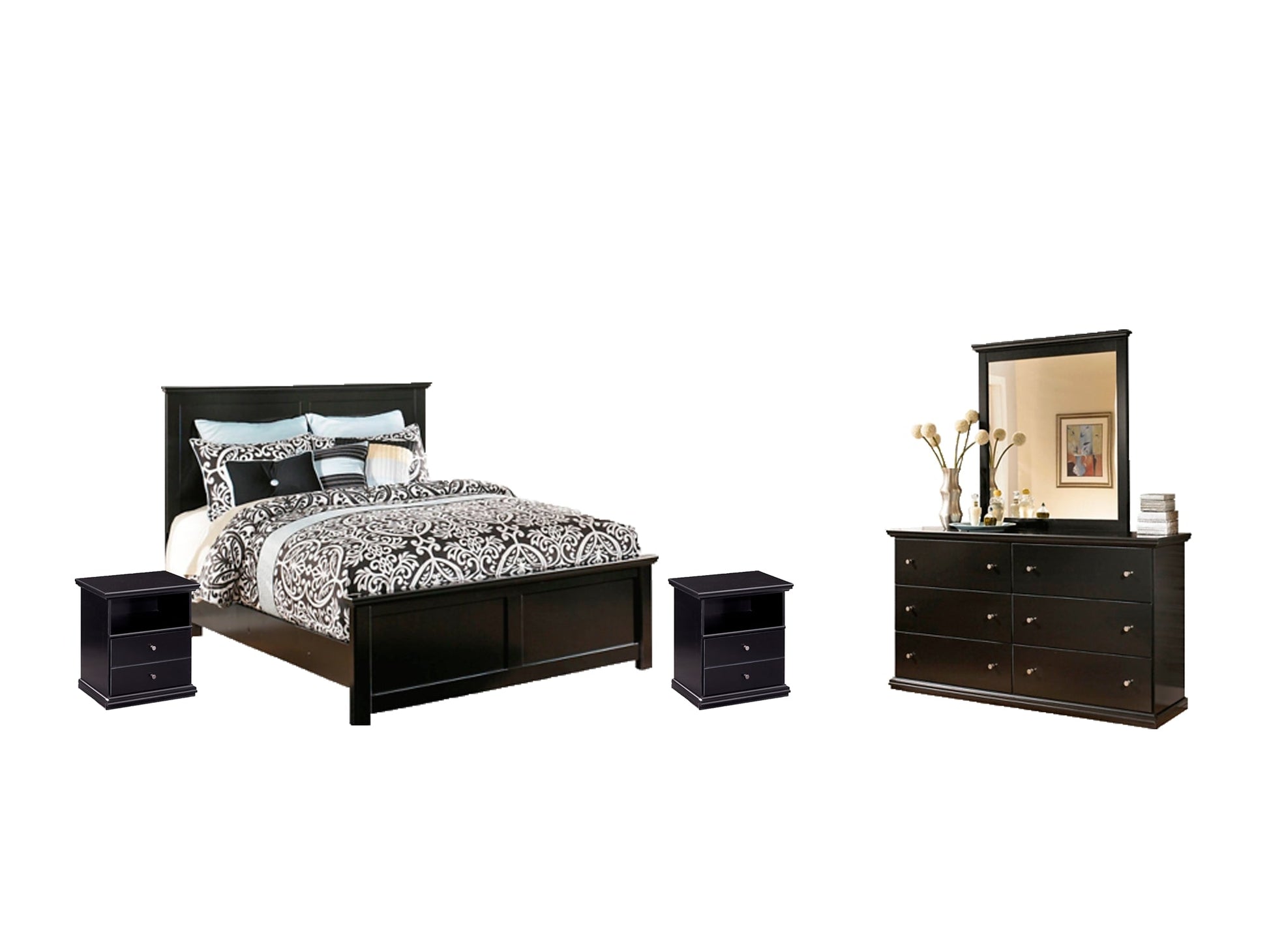 Maribel King Panel Bed with Mirrored Dresser and 2 Nightstands at Walker Mattress and Furniture Locations in Cedar Park and Belton TX.