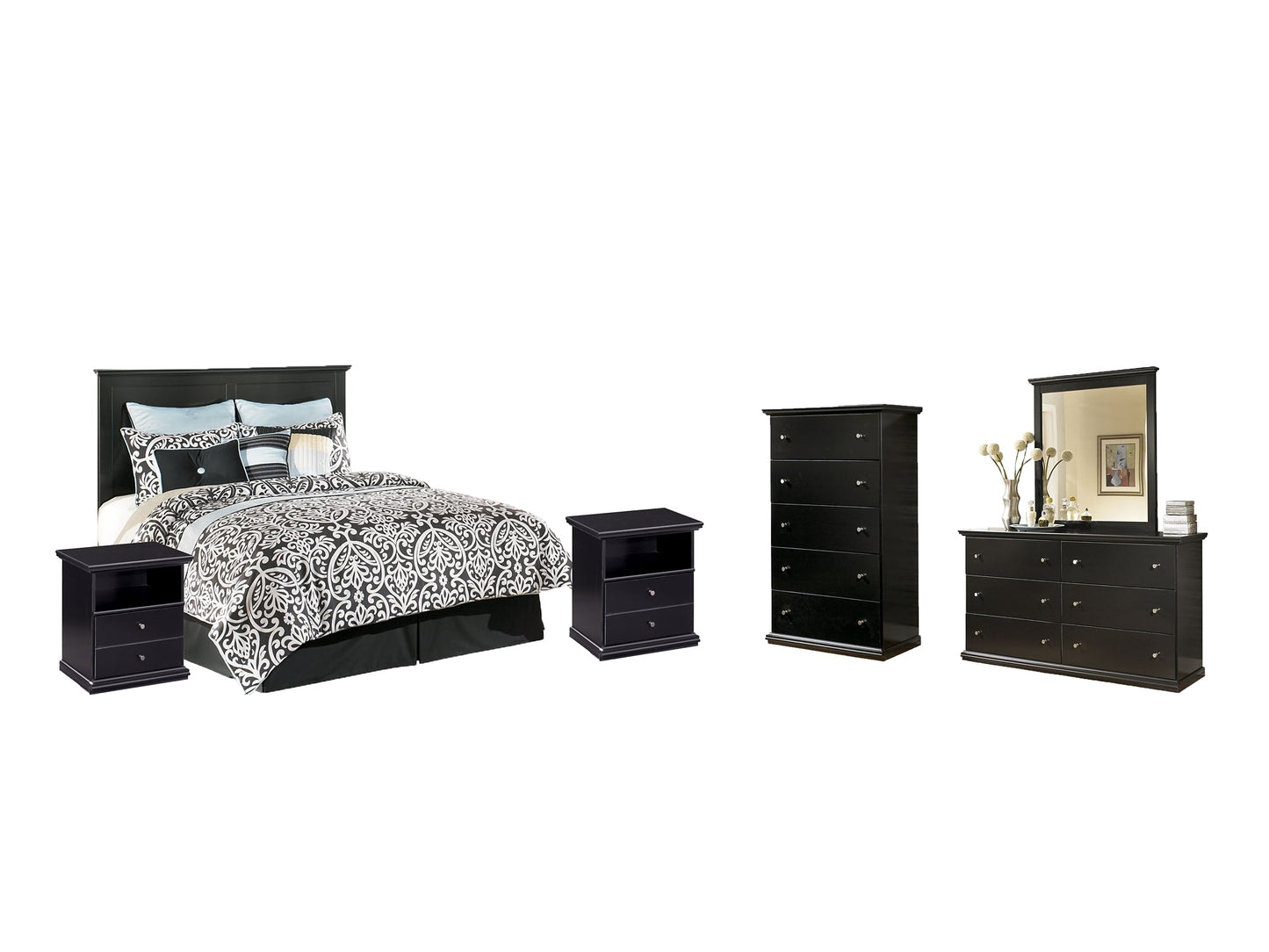 Maribel Queen/Full Panel Headboard with Mirrored Dresser, Chest and 2 Nightstands at Walker Mattress and Furniture Locations in Cedar Park and Belton TX.
