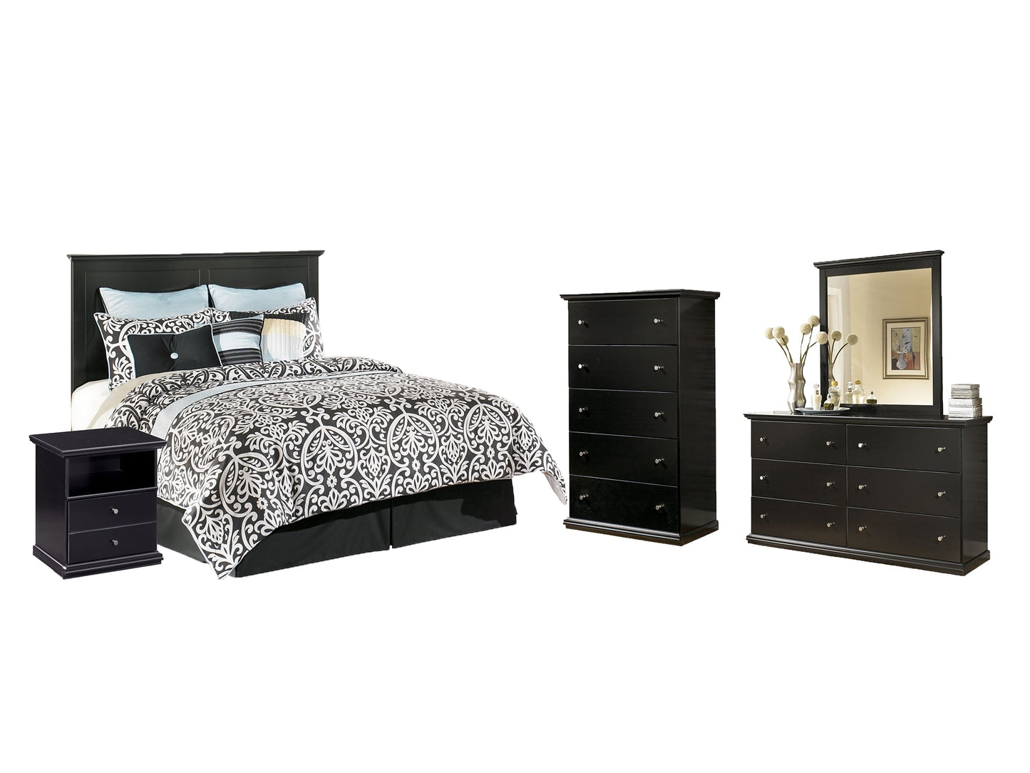 Maribel Queen/Full Panel Headboard with Mirrored Dresser, Chest and Nightstand at Walker Mattress and Furniture Locations in Cedar Park and Belton TX.