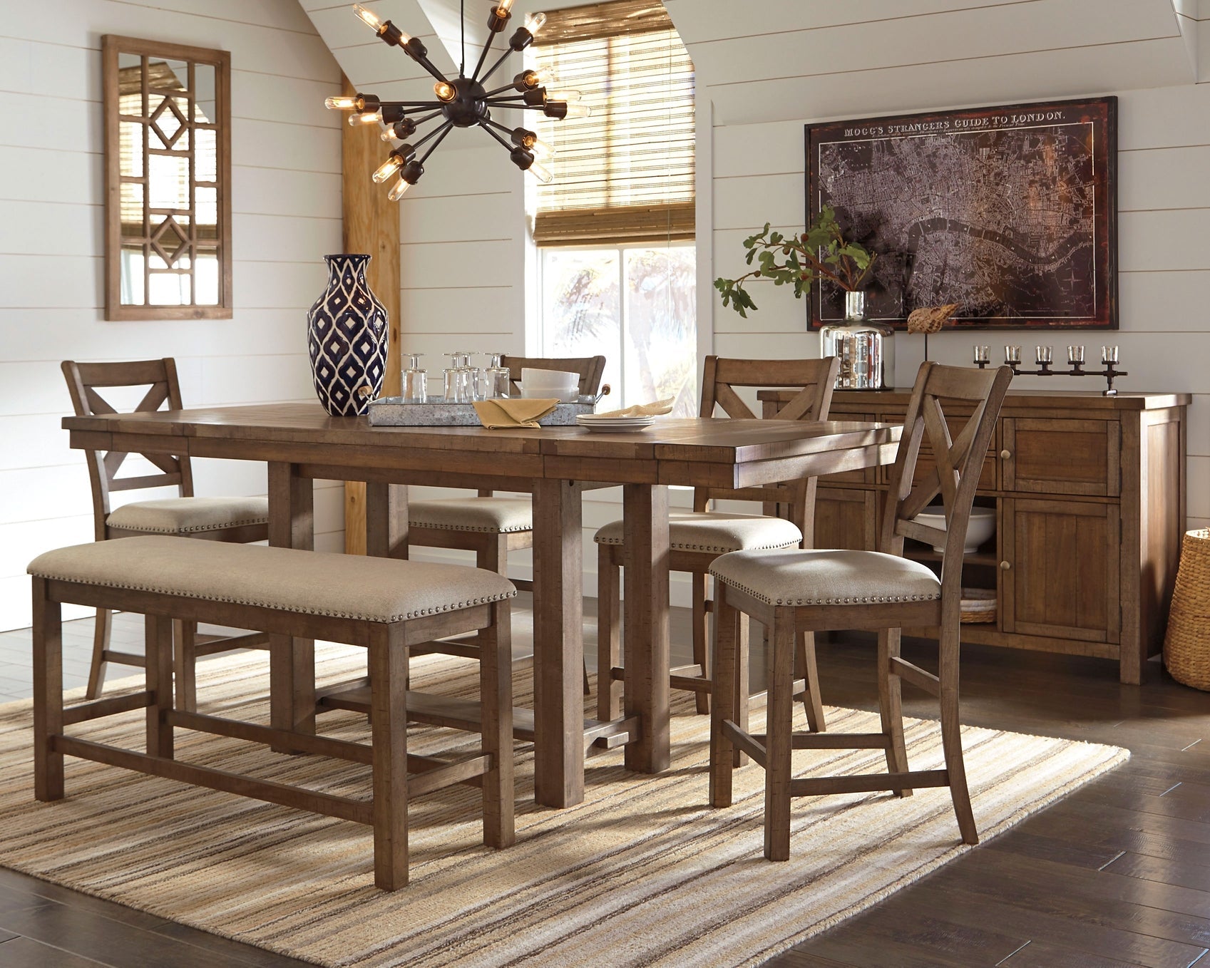 Moriville Counter Height Dining Table and 4 Barstools and Bench with Storage at Walker Mattress and Furniture Locations in Cedar Park and Belton TX.