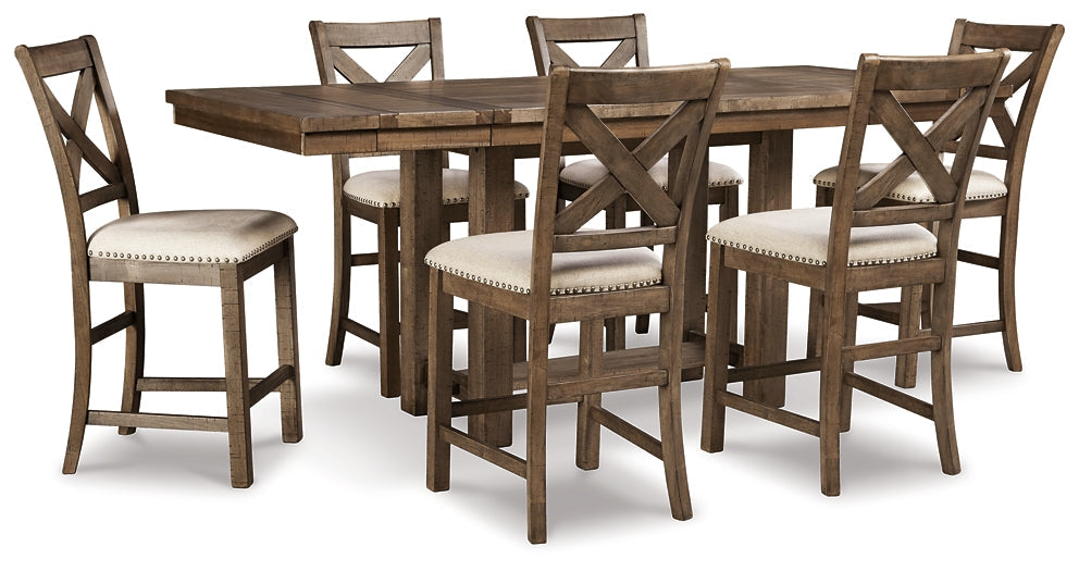 Moriville Counter Height Dining Table and 6 Barstools at Walker Mattress and Furniture Locations in Cedar Park and Belton TX.