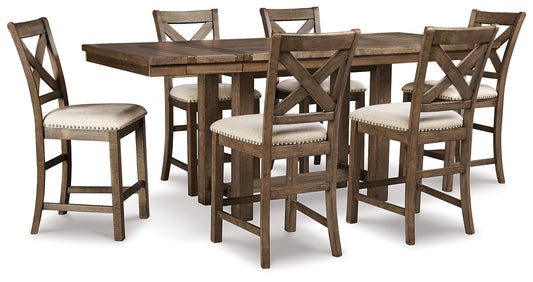 Moriville Counter Height Dining Table and 6 Barstools at Walker Mattress and Furniture Locations in Cedar Park and Belton TX.
