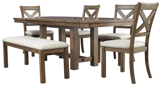 Moriville Dining Table and 4 Chairs and Bench at Walker Mattress and Furniture Locations in Cedar Park and Belton TX.