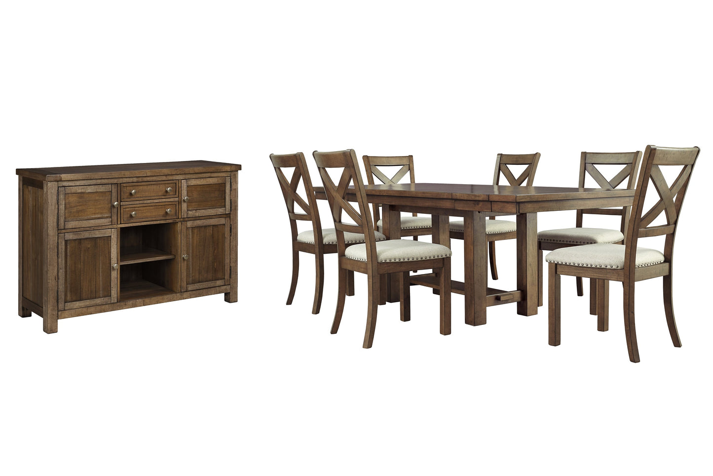 Moriville Dining Table and 6 Chairs with Storage at Walker Mattress and Furniture Locations in Cedar Park and Belton TX.