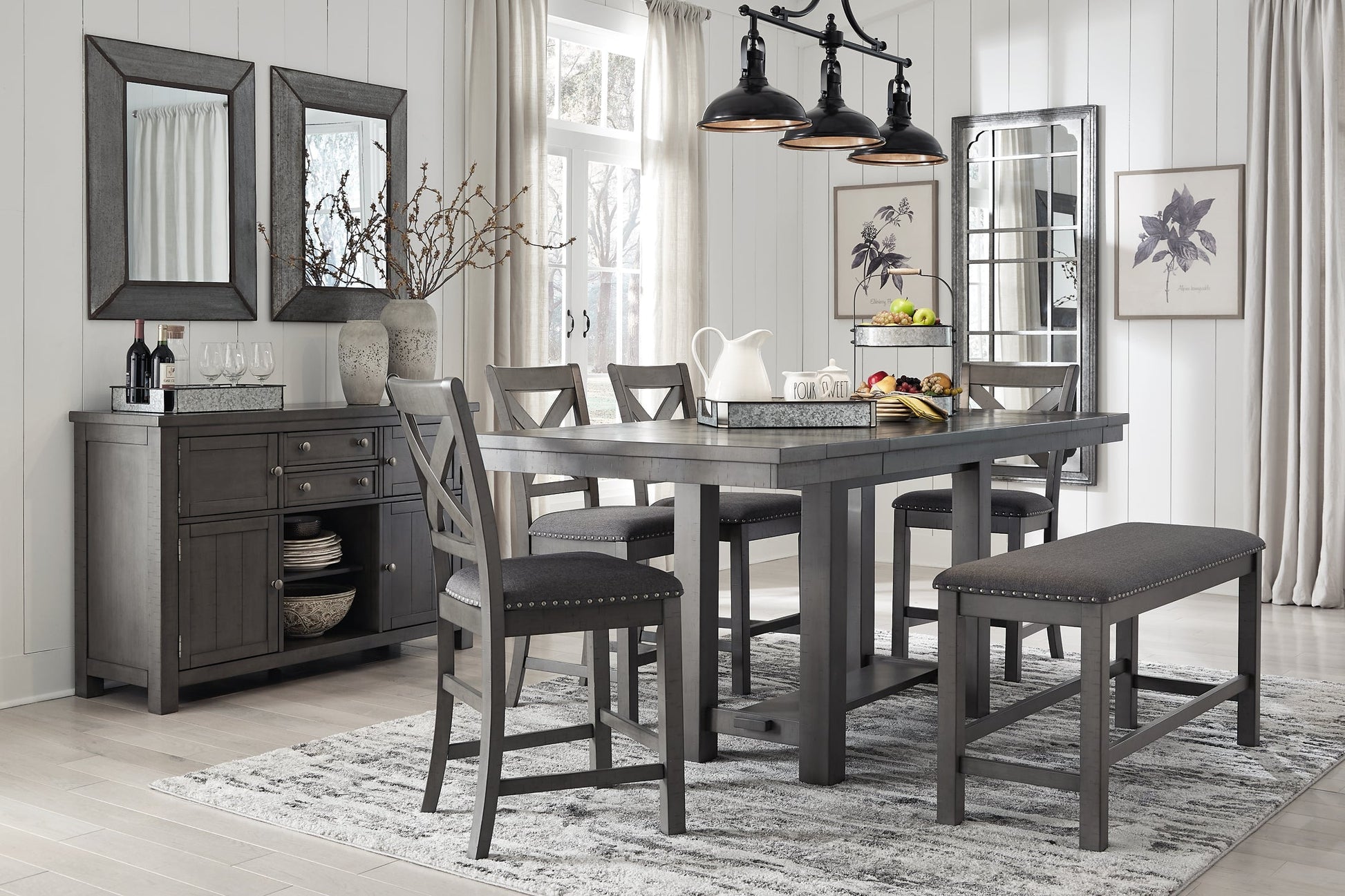 Myshanna Counter Height Dining Table and 4 Barstools and Bench with Storage at Walker Mattress and Furniture Locations in Cedar Park and Belton TX.
