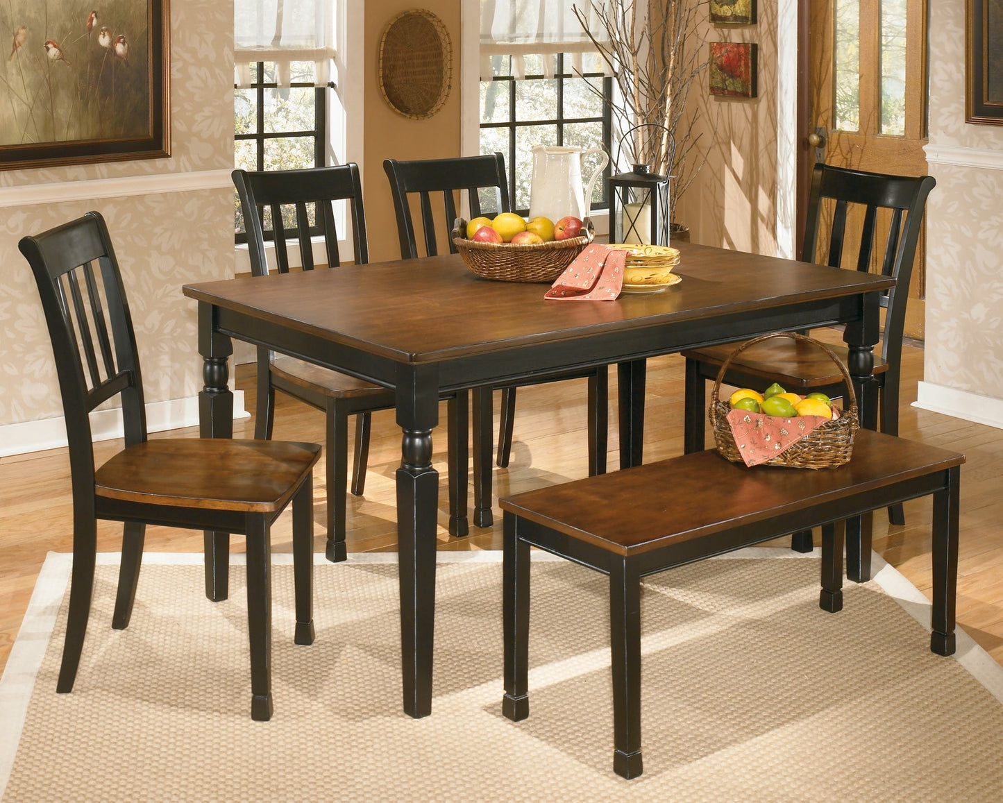 Owingsville Dining Table and 4 Chairs and Bench at Walker Mattress and Furniture Locations in Cedar Park and Belton TX.