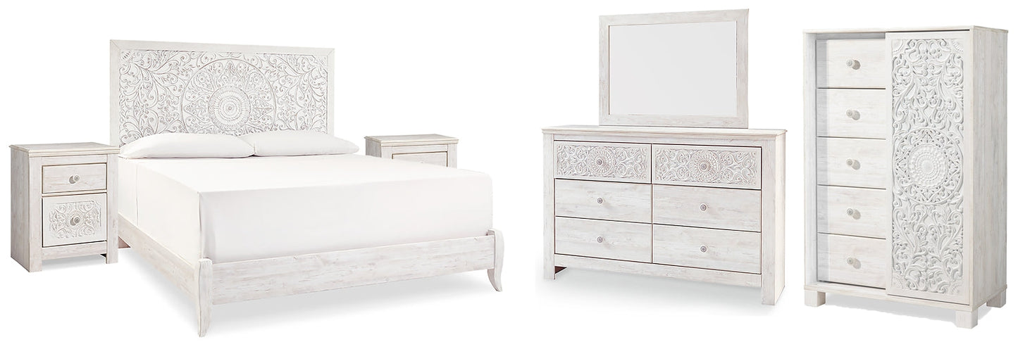 Paxberry King Panel Bed with Mirrored Dresser, Chest and 2 Nightstands at Walker Mattress and Furniture Locations in Cedar Park and Belton TX.