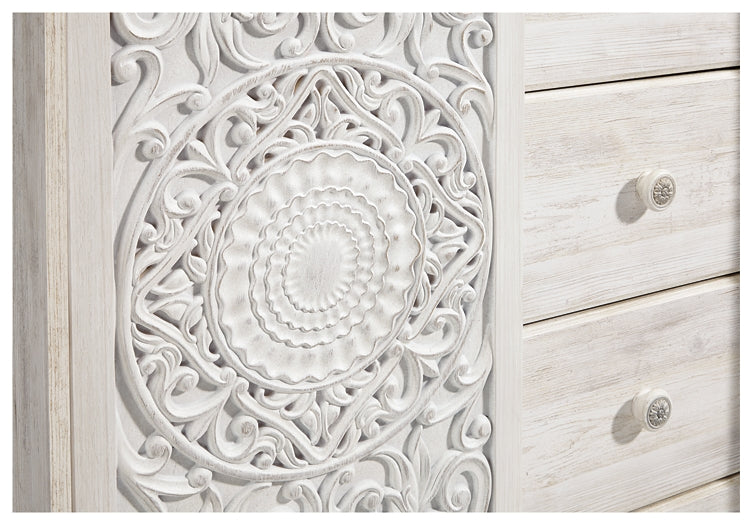 Paxberry King Panel Bed with Mirrored Dresser, Chest and Nightstand at Walker Mattress and Furniture Locations in Cedar Park and Belton TX.