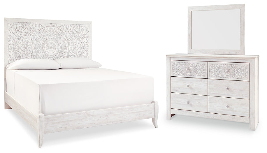 Paxberry King Panel Bed with Mirrored Dresser at Walker Mattress and Furniture Locations in Cedar Park and Belton TX.