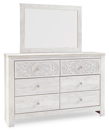 Paxberry King Panel Bed with Mirrored Dresser at Walker Mattress and Furniture Locations in Cedar Park and Belton TX.