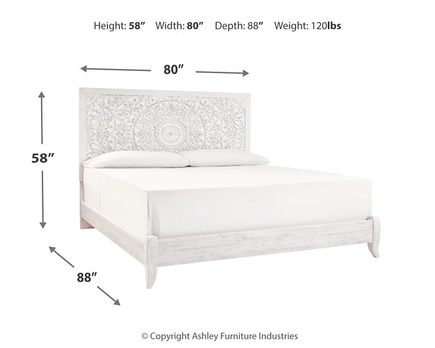 Paxberry King Panel Bed with Mirrored Dresser at Walker Mattress and Furniture Locations in Cedar Park and Belton TX.