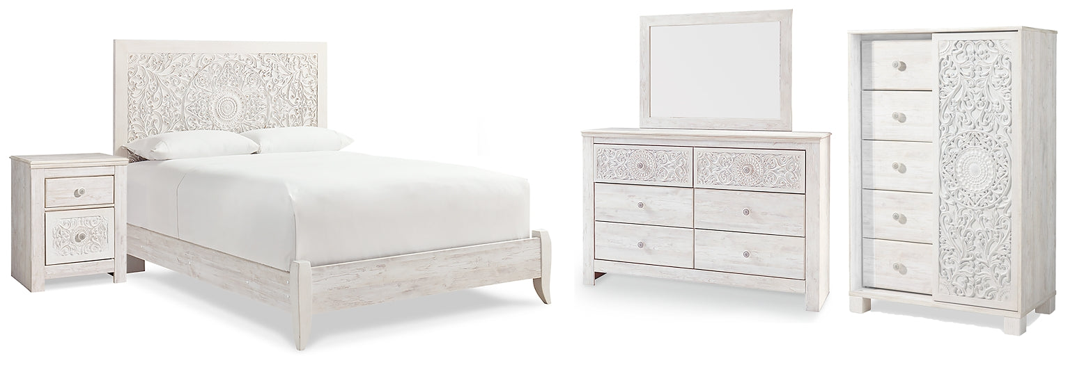 Paxberry Queen Panel Bed with Mirrored Dresser, Chest and Nightstand at Walker Mattress and Furniture Locations in Cedar Park and Belton TX.