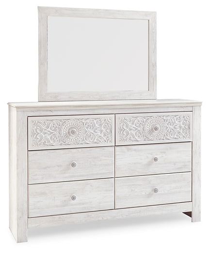 Paxberry Queen Panel Bed with Mirrored Dresser, Chest and Nightstand at Walker Mattress and Furniture Locations in Cedar Park and Belton TX.