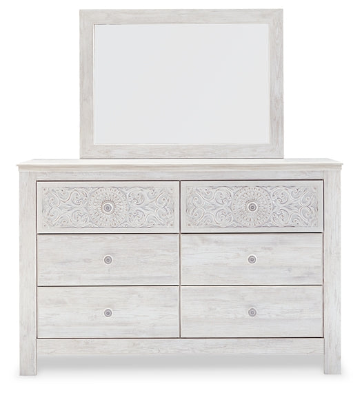 Paxberry Queen Panel Bed with Mirrored Dresser, Chest and Nightstand at Walker Mattress and Furniture Locations in Cedar Park and Belton TX.