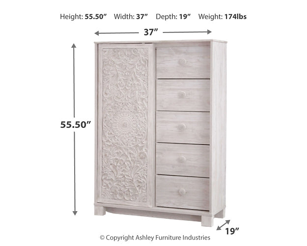 Paxberry Queen Panel Bed with Mirrored Dresser, Chest and Nightstand at Walker Mattress and Furniture Locations in Cedar Park and Belton TX.