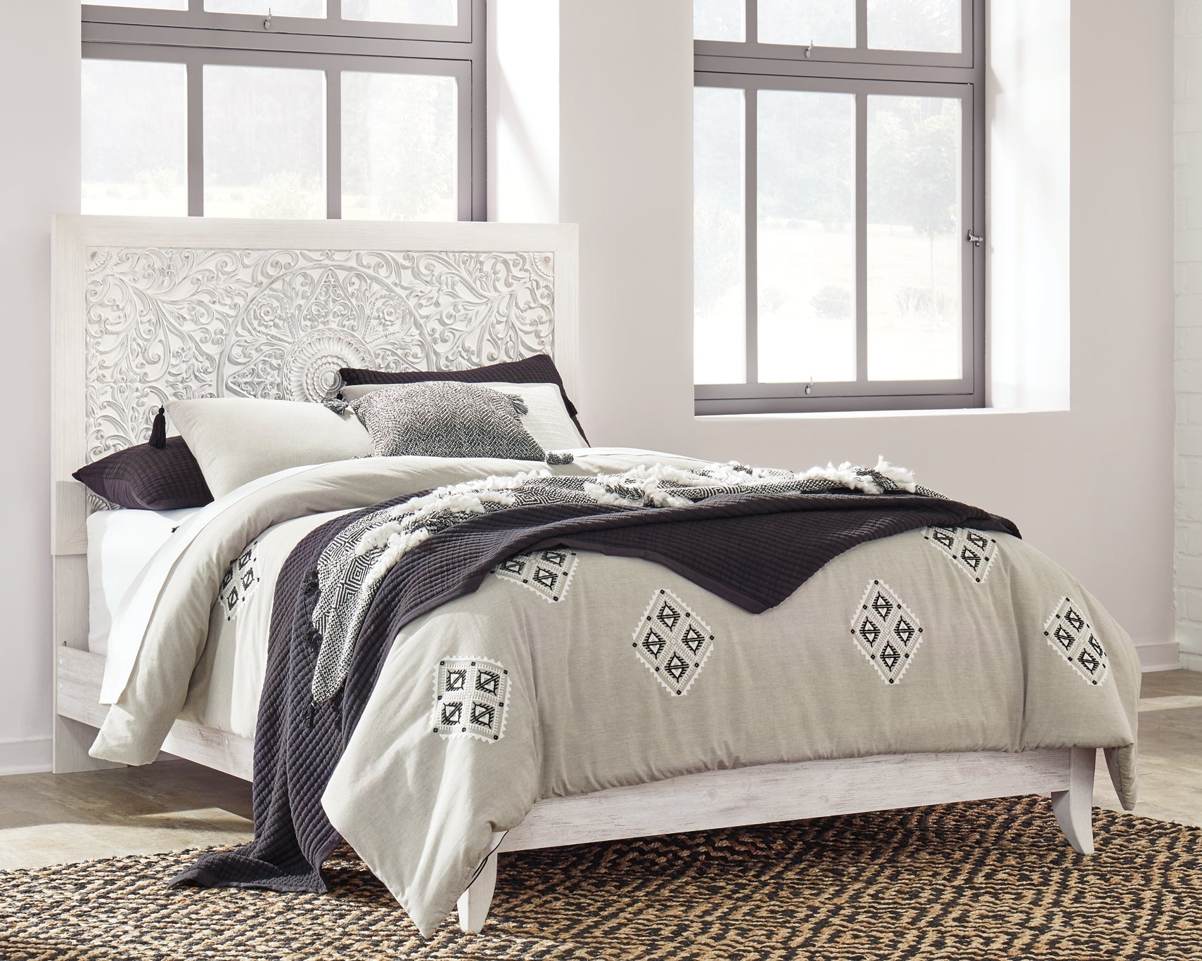 Paxberry Queen Panel Bed with Mirrored Dresser and Chest at Walker Mattress and Furniture Locations in Cedar Park and Belton TX.