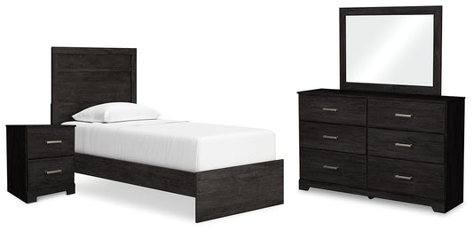 Belachime Twin Panel Bed with Mirrored Dresser and 2 Nightstands